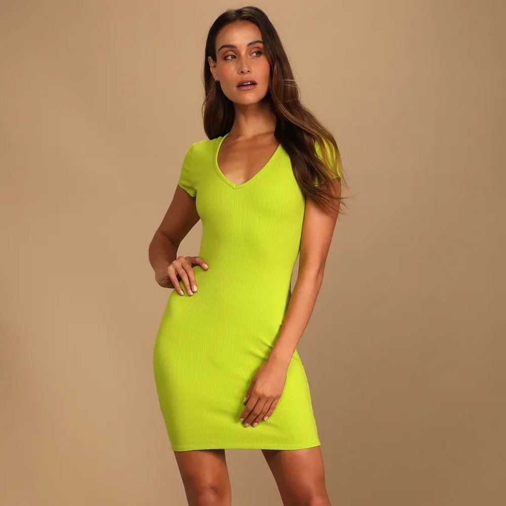 Lulu’s Lime Green Ribbed Bodycon Dress - Picture 1 of 4